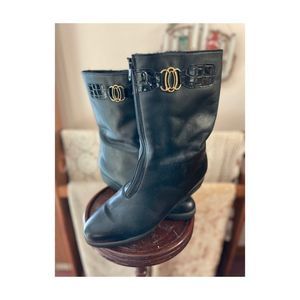 Vintage Contour Sport Leather Boots Black Calf-Height Wedge Heel Sz 9.5